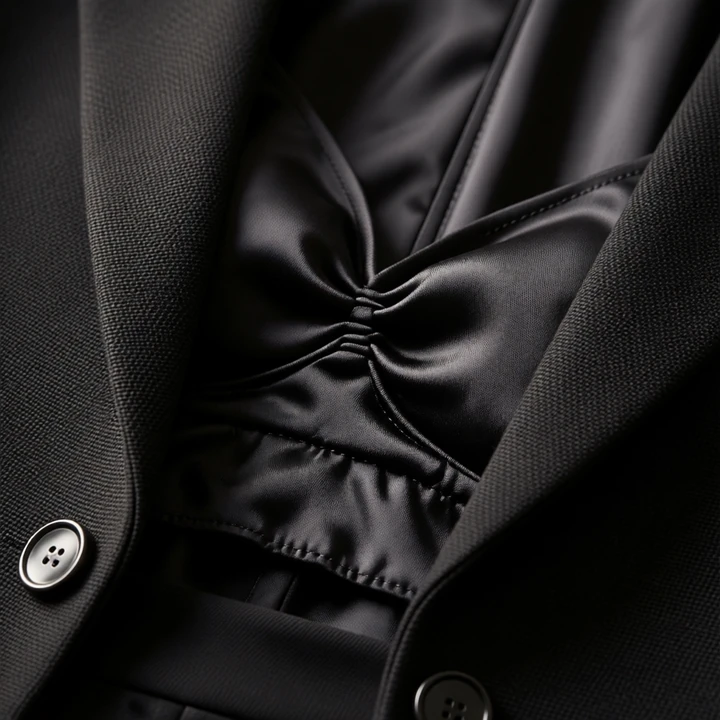 Close-up of the noir blazer set fabric and trims.