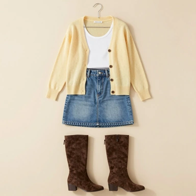 Sample denim mini outfit laid flat: white tank top, denim mini skirt and suede ankle boots. Sample garments, not for sale.