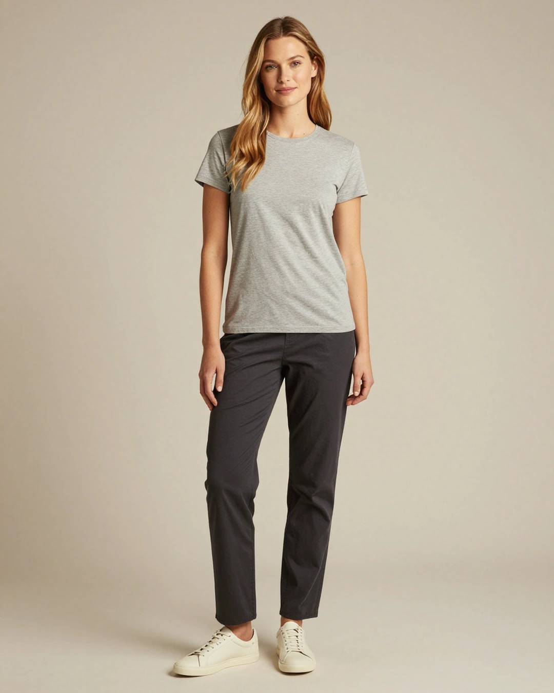 Sample A in the neutral reference outfit, front view. Curated sample image.