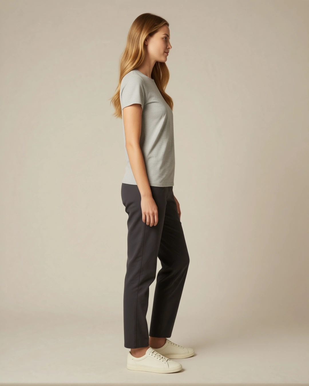 Sample A in the neutral reference outfit, side view. Curated sample image.