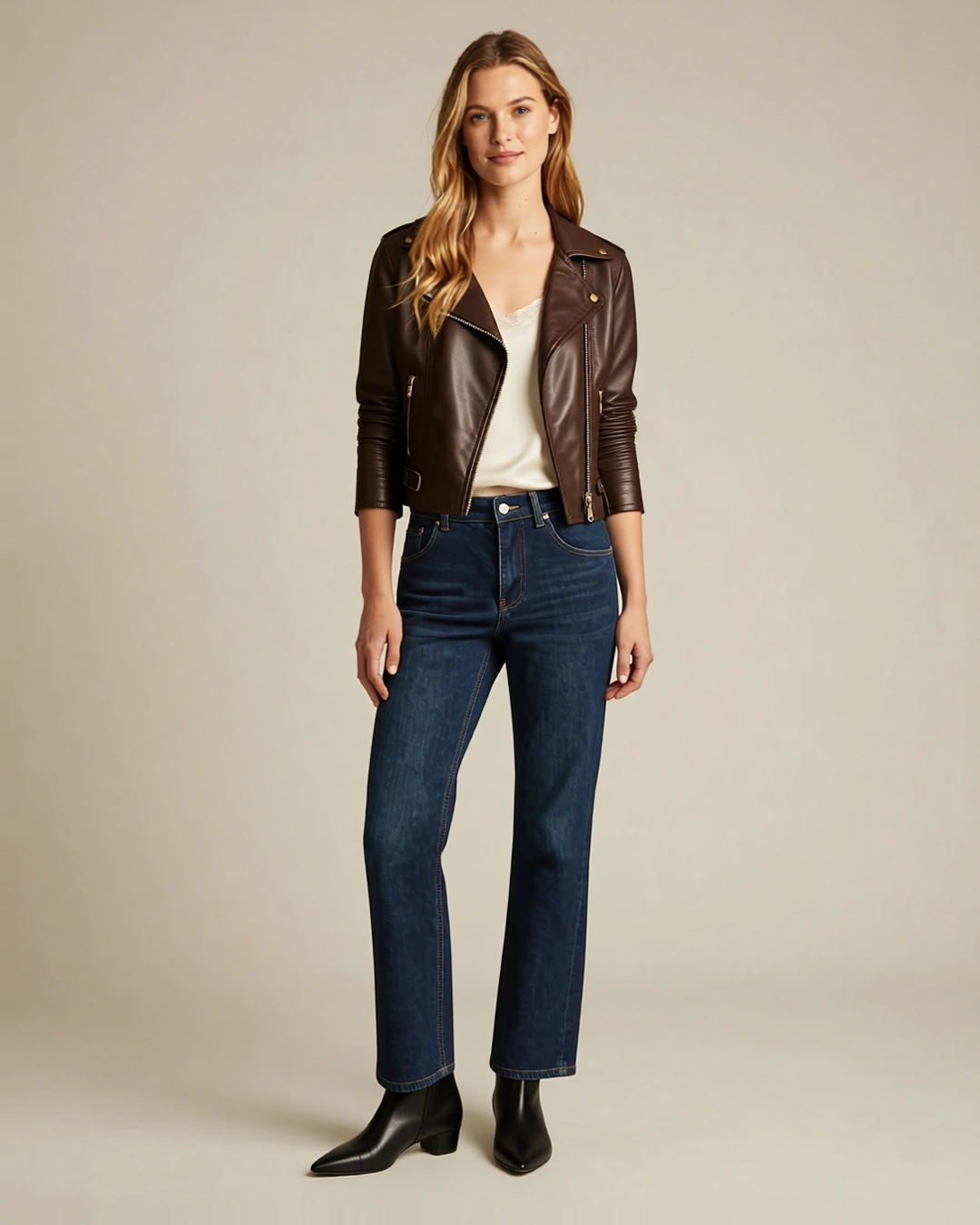 Sample A wearing the brown leather jacket, one size down, front view. Concept visualization.
