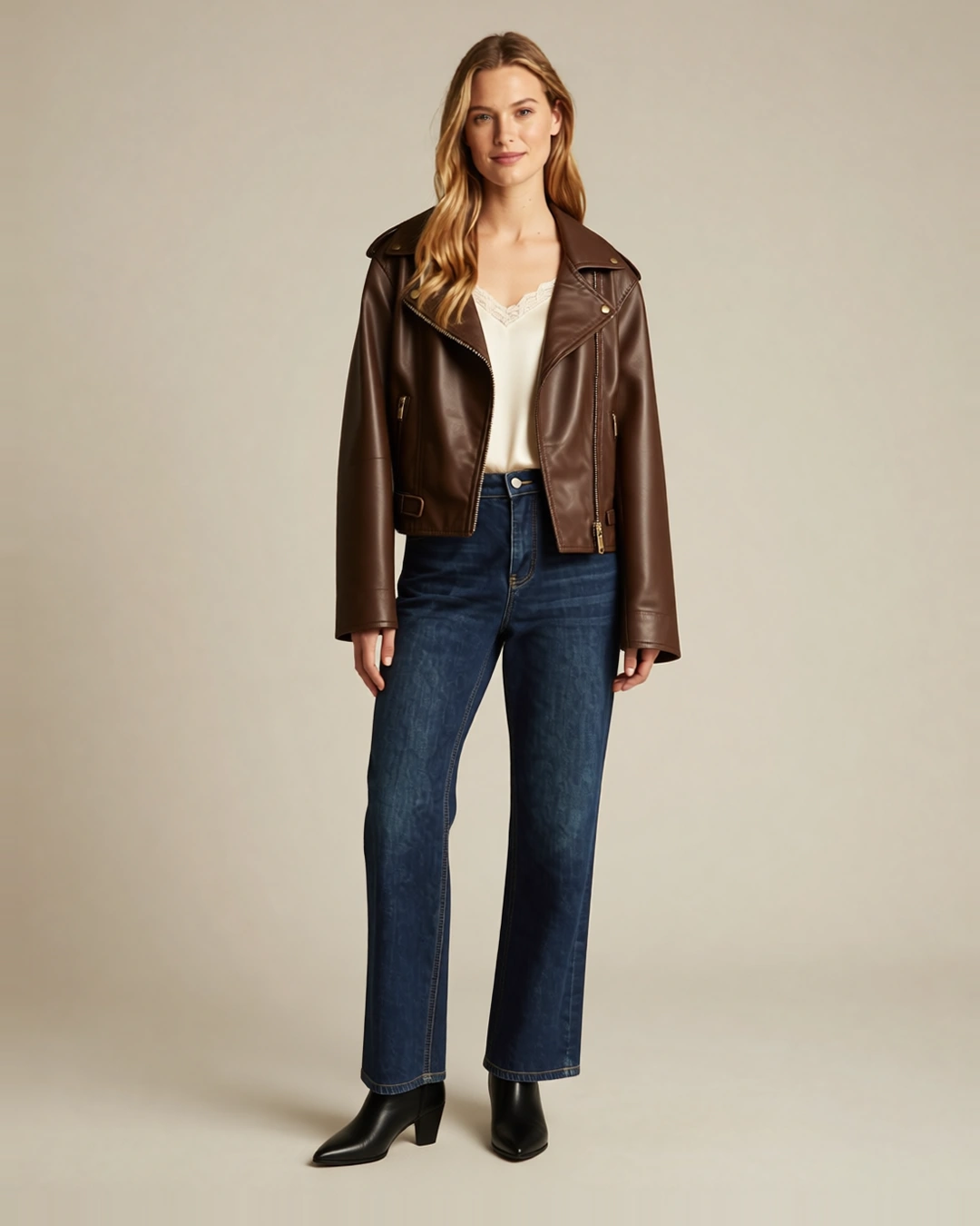 Sample A wearing the brown leather jacket, one size up, front view. Concept visualization.