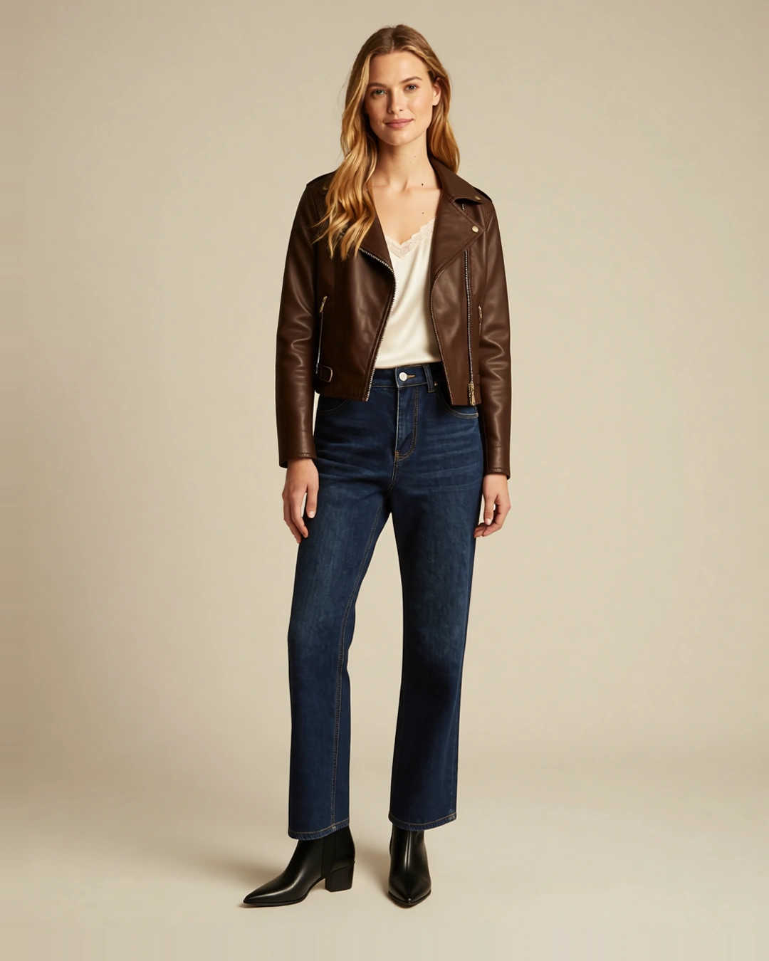 Sample A wearing the brown leather jacket, regular size, front view. Concept visualization.